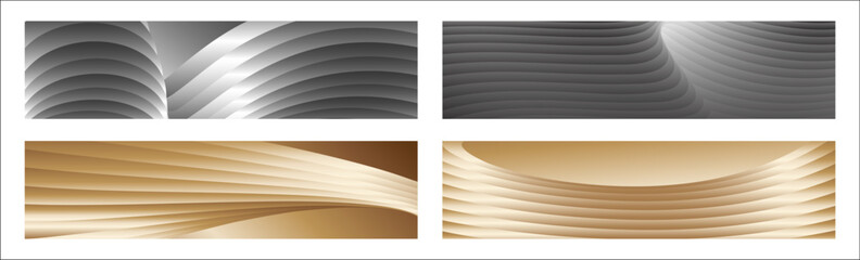 Wavy silver and gold parallel gradient lines, ribbons, silk. Set of 4 backgrounds. Black and white with shades of gray or golden silk. Banner, poster. eps vector
