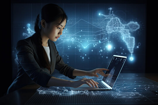 Business woman, lady, student research online, browsing websites, reading intensely, analyzing social media data, trends, connection, network, laptop, computer, futuristic technology, internet, web