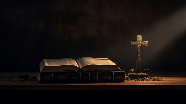 Table with bible or holy books and cross, concept of religion faith and christianity
