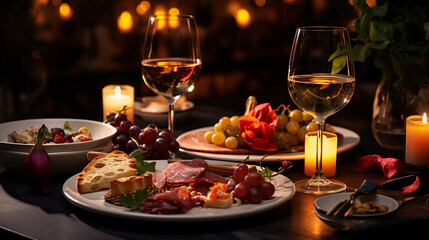 Naklejka premium elegant dining table with a lot of appetizers such as wine and grapes
