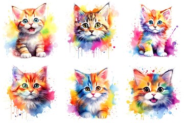 Fototapeta premium A set of six kittens painted in different colors, watercolor clipart on white background.