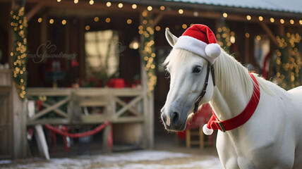 Cute horse animal outdoor during winter christmas season - obrazy, fototapety, plakaty