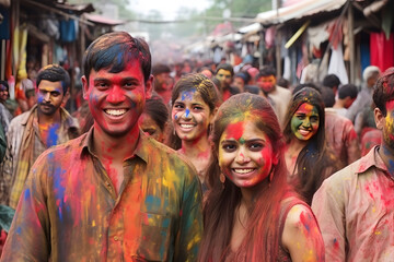 Smiling people, colored happy faces with vibrant colors during the celebration of the Holi festival in India. Neural network generated image. Not based on any actual person or scene.
