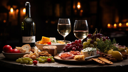 elegant dining table with a lot of appetizers such as wine and grapes