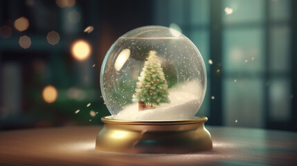 Christmas snow glass winter ball. Template round podium studio space for objects festive design. Realistic 3d elements, gift box, gold snowflake, Xmas green tree, bokeh lights. Vector illustration.