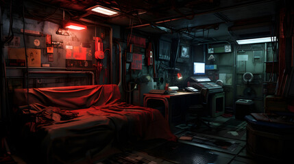 Messy and dark hi-tech cyberpunk hacker hideout room. Neural network generated image. Not based on any actual person or scene.