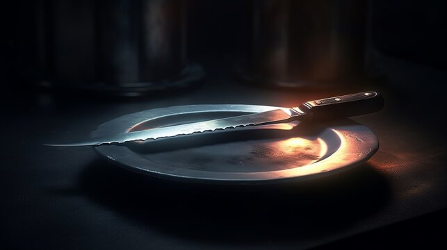Nice knife colorful plate fork black background illustration image AI generated art