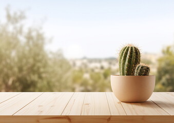 Cactus in a pot on a wooden table with a scenic view