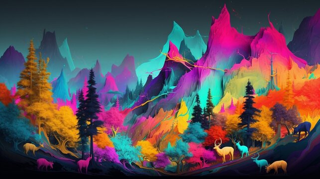 Old modern colorful trees mountains wild photography image AI generated art