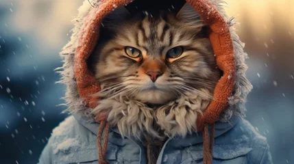 Fotobehang Cute cat wearing warm clothes scarf hat jacket wallpaper background © Irina