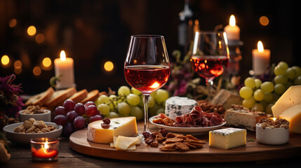 Fototapeta na wymiar elegant dining table with a lot of appetizers such as wine and grapes