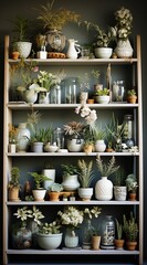 Greenery display on wooden shelves