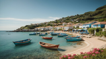 Naklejka na ściany i meble Idyllic Coastal Village with Colorful Fishing Boats Under Azure Sky