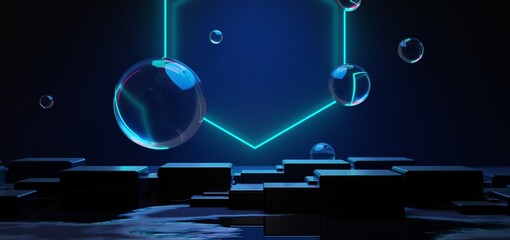 futuristic gaming esports background abstract wallpaper, cyberpunk style scifi game, stage concert scene in pedestal display room, led neon glow light, 3d illustration rendering