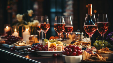 elegant dining table with a lot of appetizers such as wine and grapes - obrazy, fototapety, plakaty