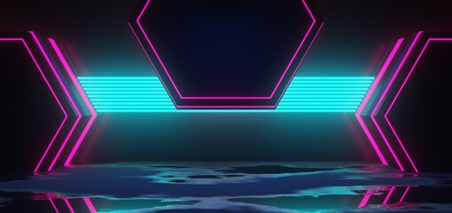 futuristic gaming esports background abstract wallpaper, cyberpunk style scifi game, stage concert scene in pedestal display room, led neon glow light, 3d illustration rendering