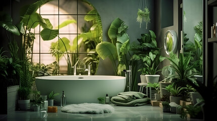 green concept bathroom, bathroom with plant pots, nature bathroom