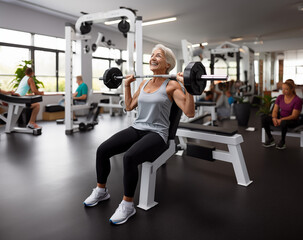 Fototapeta na wymiar An elderly woman trains with a barbell in the gym. Generated by AI