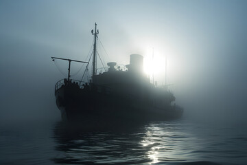 Fototapeta premium spectral ghost ship at foggy morning or evening. Neural network generated image. Not based on any actual person or scene.