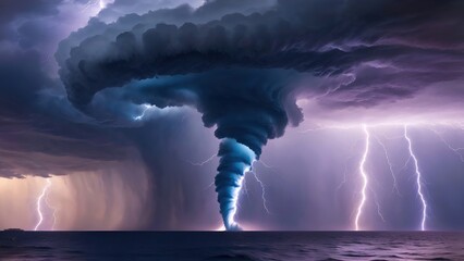 Big waterspout with storm and lightning. Tornado. 4K - 8K - 12K TV. Generative AI. - obrazy, fototapety, plakaty