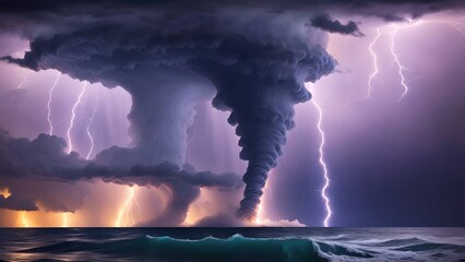 Big waterspout with storm and lightning. Tornado. 4K - 8K - 12K TV. Generative AI. - obrazy, fototapety, plakaty
