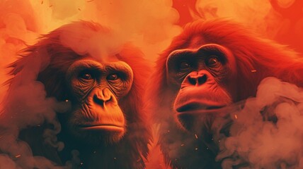 Red smokey background monkeys transparent illustration picture AI generated art - obrazy, fototapety, plakaty