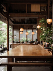 A serene Zen-inspired scene featuring a rustic wooden table with an empty board for mockups product displays, offering ample space for vertical banner copy. Generated Ai