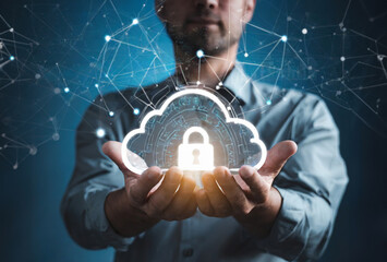 Man holding cloud computing data and security on global networking, Cloud technology of business.