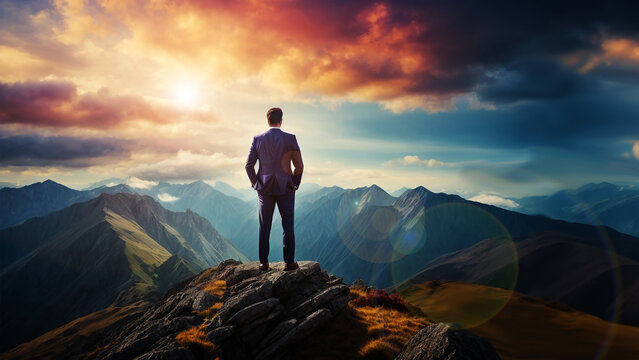 Businessman Standing Tall on a Mountain Peak, Signifying Success, Achievements, and Perseverance - concept idea