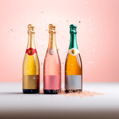 Colorful glittery and shiny champagne bottles set on a pink background