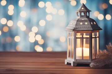 Christmas lantern in the background with space for text.