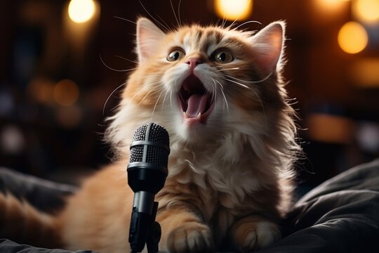 A kitten in front of a microphone sings a song.