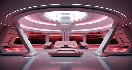Futuristic spaceship interior with pink and white design