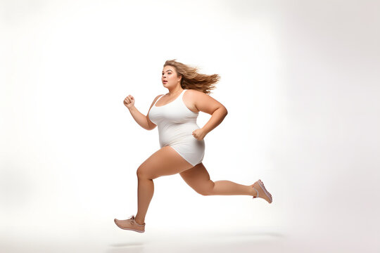Overweight young adult Caucasian woman running on white background, concept of overweight and weight loss. Neural network generated image. Not based on any actual person or scene.