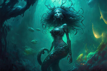 Obraz na płótnie Canvas Mermaid Alien wallpaper, underwater. The mermaid has long, green hair that flows around her head. She has fair skin and bright blue eyes. The mermaid is wearing an ornate crown on her head.
