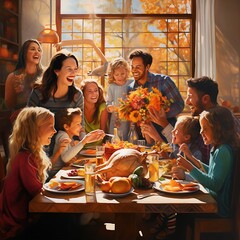 group of friends and family having dinner, thanksgiving feast and merry