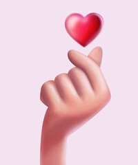 Hand beckoning Korean heart. love and hand, 3D rendered image. 3D illustration