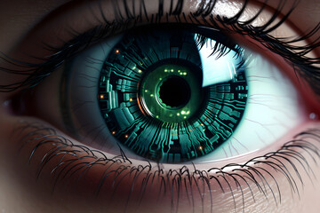 Closeup view of normal human eye with cybernetic pupil. Neural network generated photorealistic...