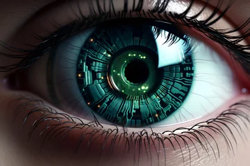 Schilderijen op glas Closeup view of normal human eye with cybernetic pupil. Neural network generated photorealistic image. Not based on any actual person or scene. © lucky pics