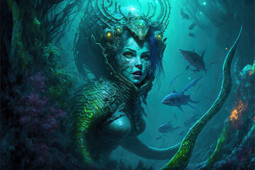 Mermaid Alien wallpaper, underwater. The mermaid has long, green hair that flows around her head. She has fair skin and bright blue eyes. The mermaid is wearing an ornate crown on her head... - obrazy, fototapety, plakaty