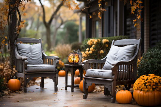 The front porch of the house decorated of pumpkins and flowers.  Exterior home decor for Halloween holiday.