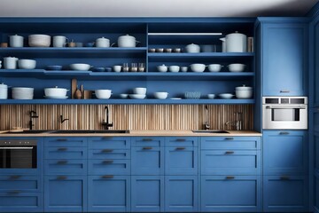front view of a clean, contemporary kitchen with blue hardwood furniture