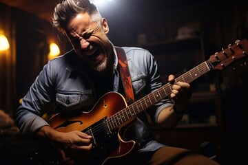 The musician emotionally plays an electric guitar, and sings the song.