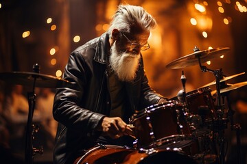 An elderly rock musician plays drums. A man plays drums.
