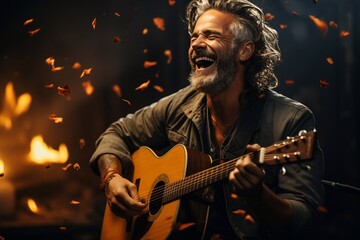 Obraz premium The musician plays an acoustic guitar emotionally, and sings the song.