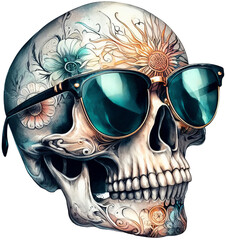 Watercolor Floral Skull Wearing A sunglasses  PNG with Delicate Watercolors