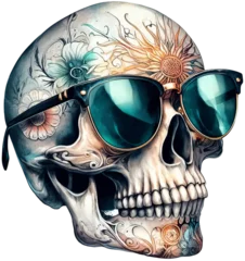 Foto op Plexiglas anti-reflex Aquarel doodshoofd Watercolor Floral Skull Wearing A sunglasses  PNG with Delicate Watercolors