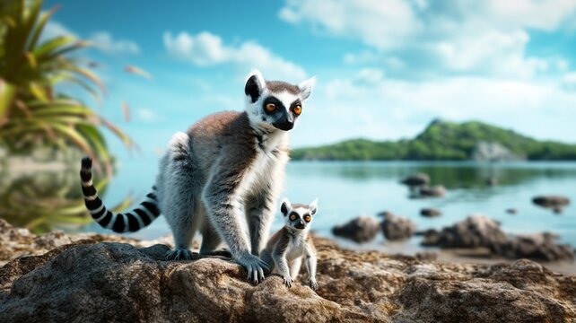 Lemur walk with baby sea animal species photography image AI generated art
