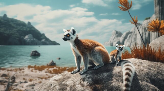 Lemur walk with baby sea animal species photography image AI generated art