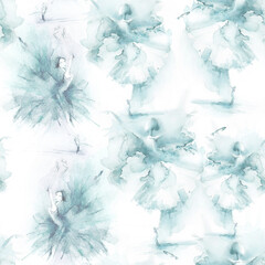 Watercolor ballerina. Seamless art background. Splash of paint, pattern. Watercolor blue paint splash. Silhouettes of ballerinas and dancers. Ballet. Girl on a white background in a fluffy skirt